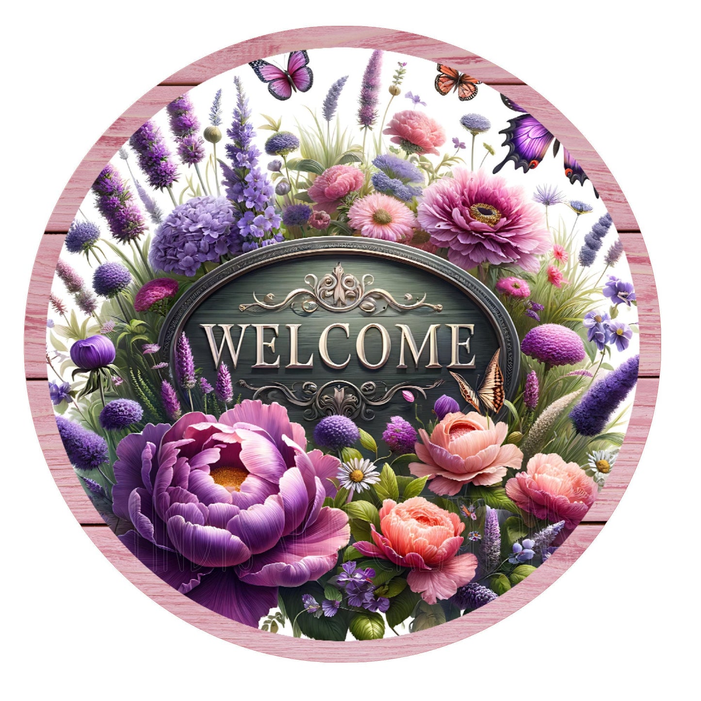 Welcome purple and pink floral wreath sign, metal wreath sign, round signs, farmhouse signs, door decor, Lindys sign creations