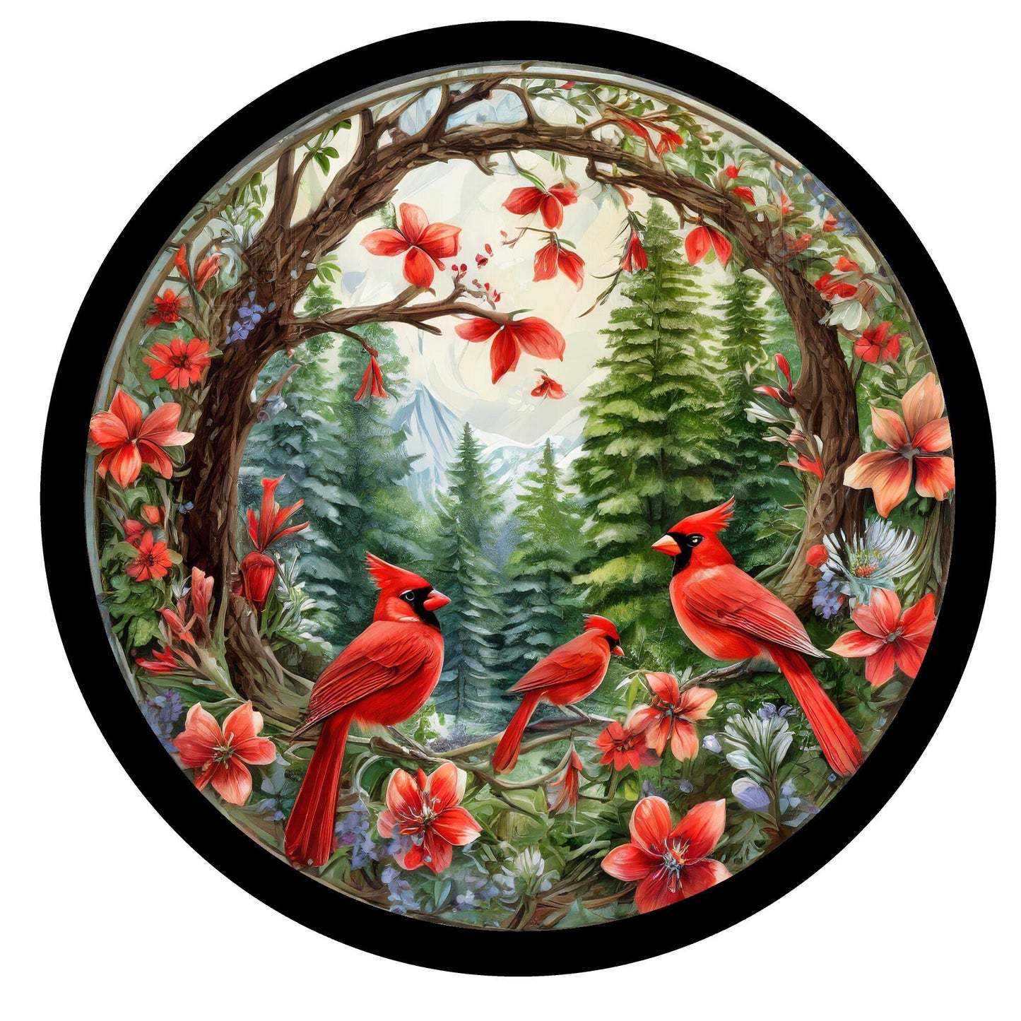 Cardinals in trees wreath sign, round wreath sign, metal wreath sign, door decor, Lindys sign creations