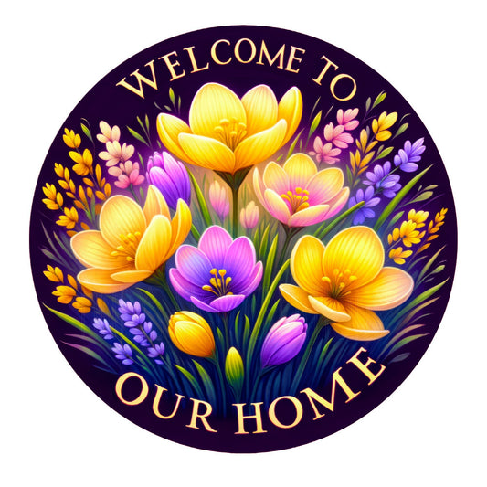 Welcome to our home floral wreath sign, metal wreath sign, round sign, door decor, Lindys sign creations