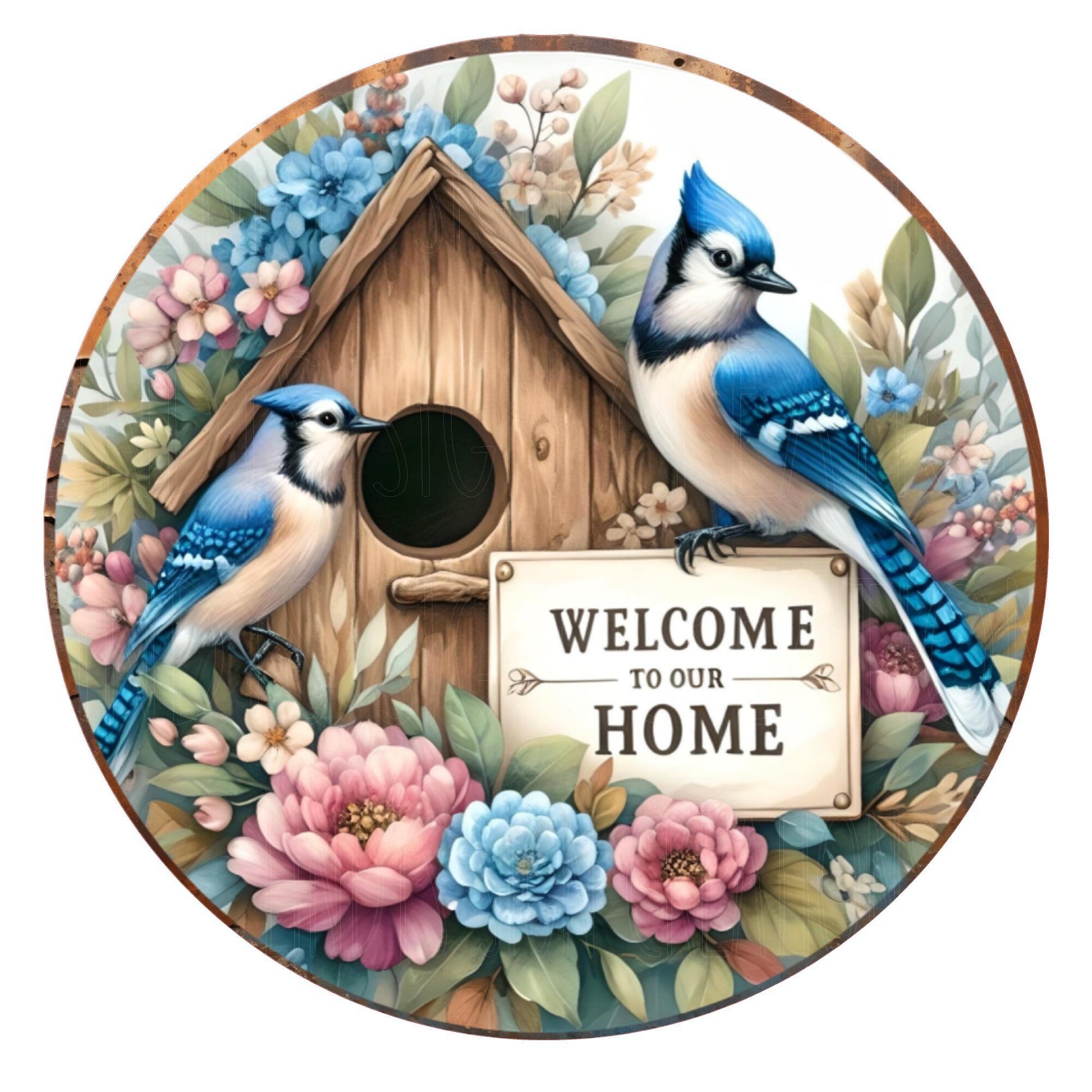 Welcome to our home blue jays wreath sign, metal wreath sign, round sign, door decor, Lindys sign creations