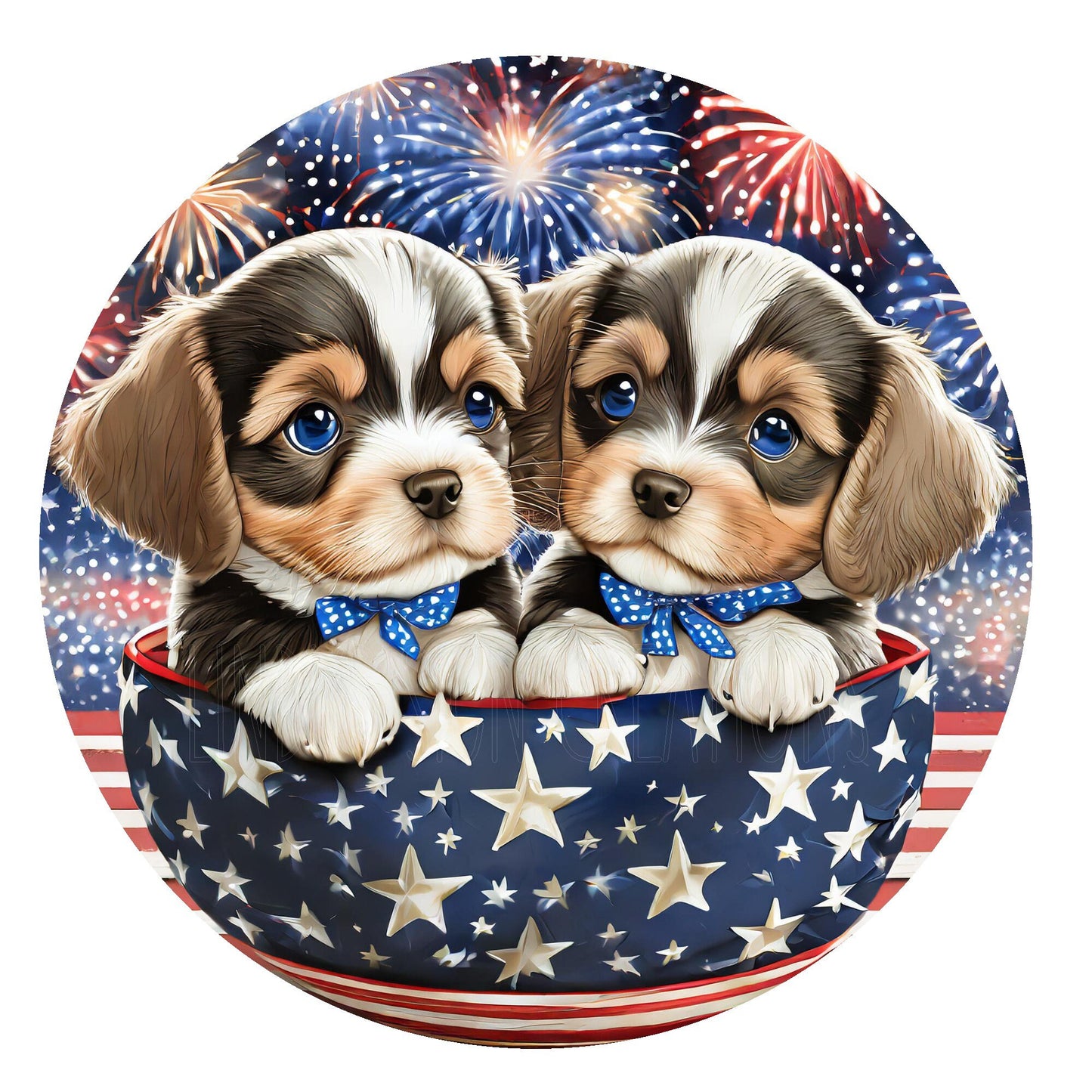 Cute puppies in a patriotic bowl with fireworks wreath sign, metal wreath sign, round wreath sign, Lindys sign creations