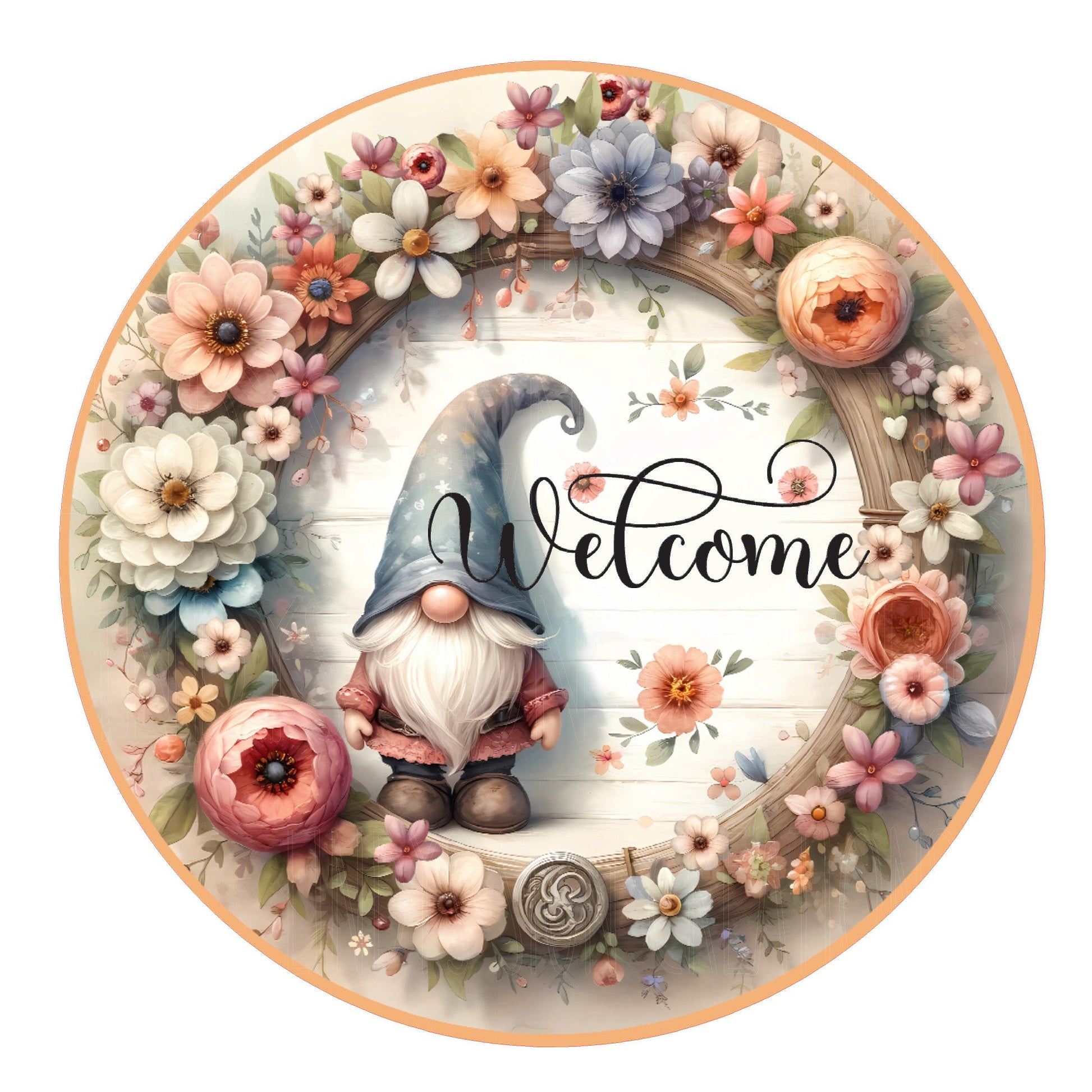 Welcome gnome floral wreath sign, metal wreath sign, door decor, round wreath sign, Lindys sign creations