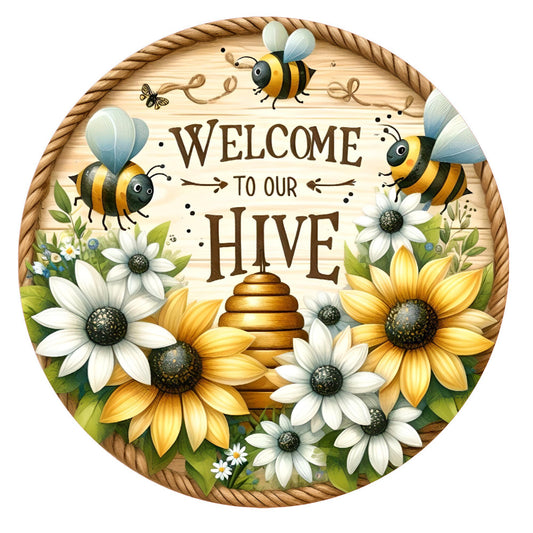 Bee welcome to our hive wreath sign, metal wreath sign, round wreath sign, door decor, Lindys sign creations