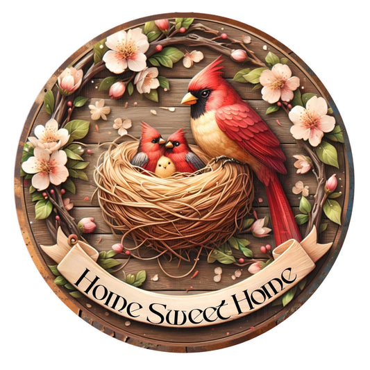 Cardinal and nest home sweet home wreath sign, round wreath sign, metal wreath sign, door decor, Lindys sign creations