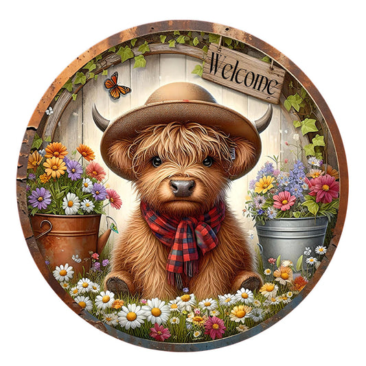 Welcome highland cow with flower buckets wreath sign, metal wreath sign, round wreath sign, door decor, Lindys sign creations