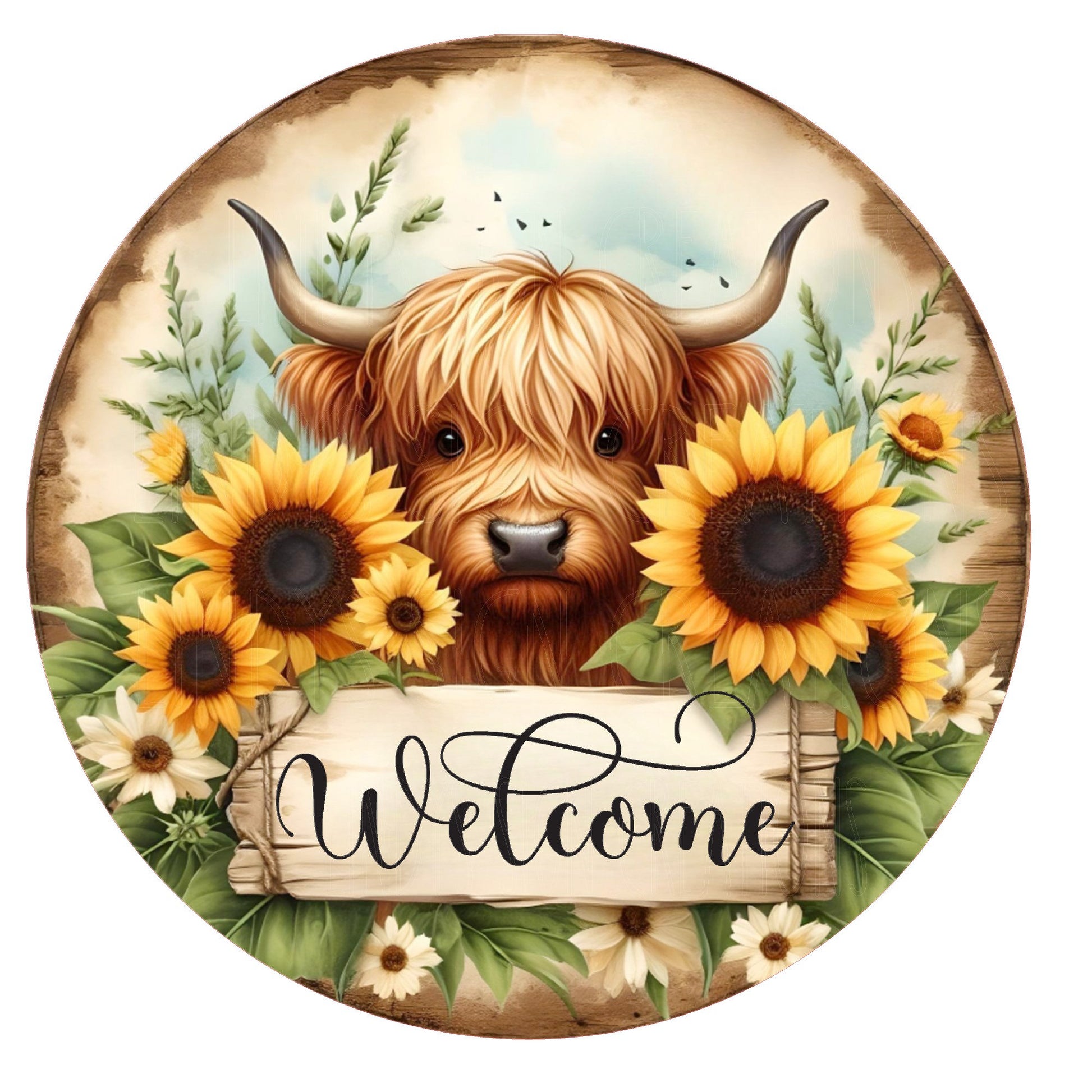 Highland cow with sunflowers welcome wreath sign, metal wreath sign, round wreath sign, door decor, Lindys sign creations