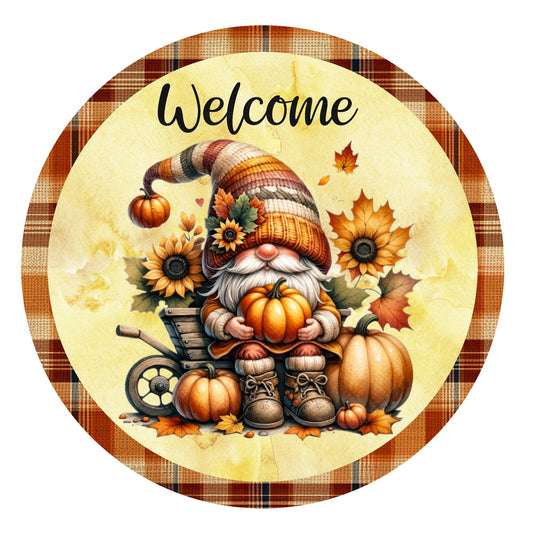 Welcome gnome with pumpkins wreath sign, metal wreath sign, round wreath sign, door decor, Lindys sign creations