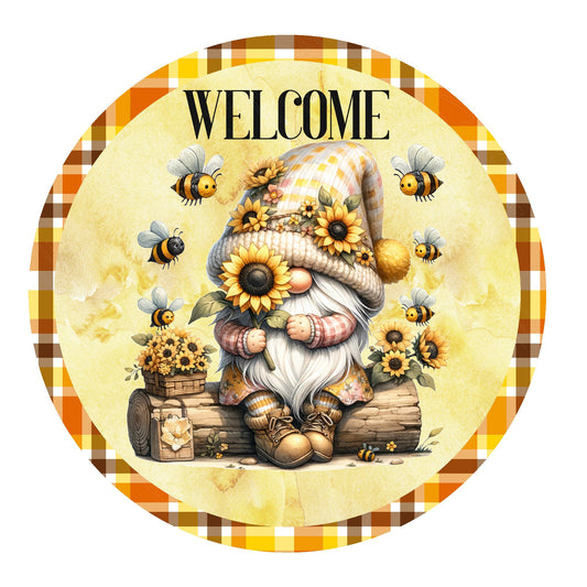 Welcome gnome with bees and sunflowers wreath sign, metal wreath sign, door decor, round wreath sign, Lindys sign creations