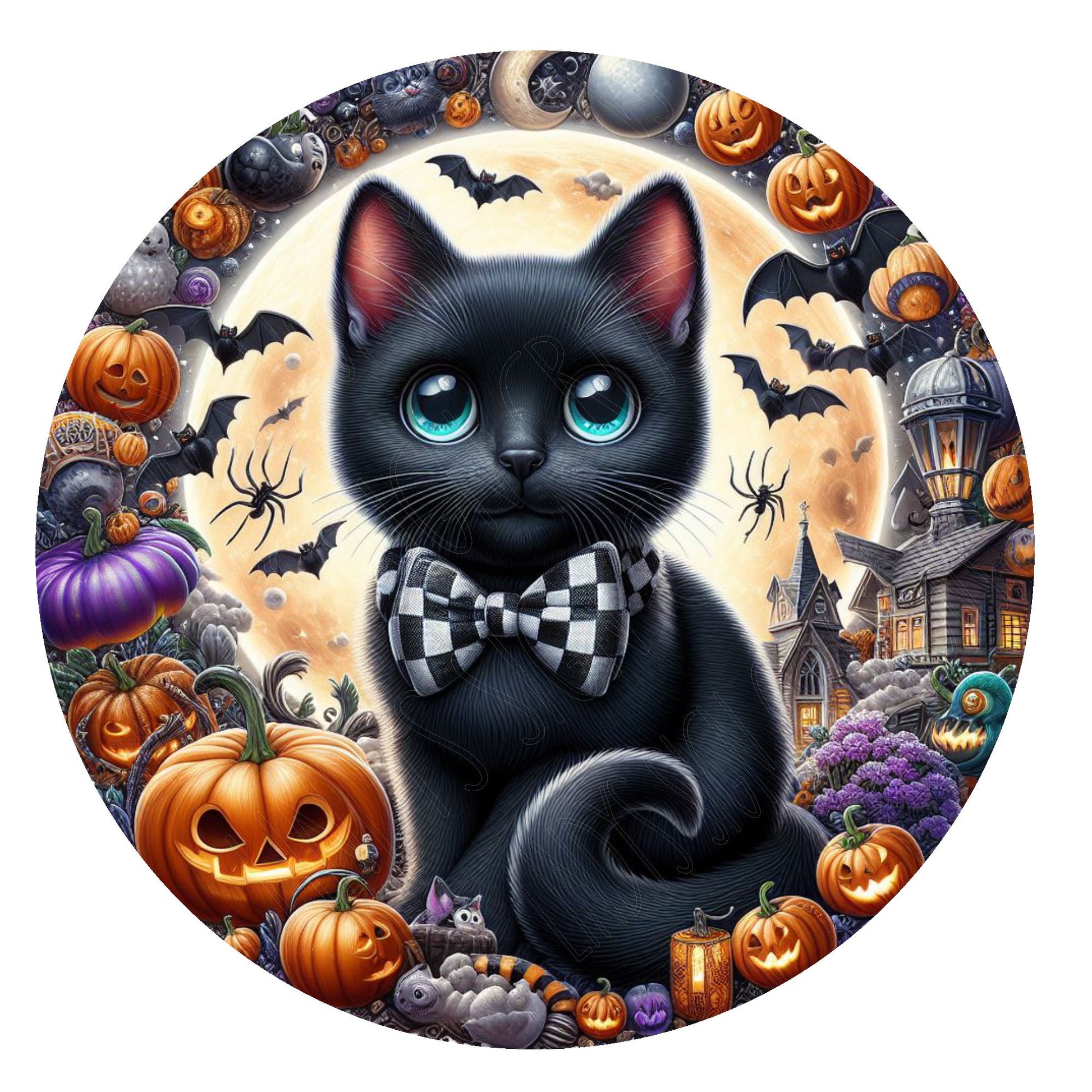 Black kitty with bow tie Halloween wreath sign, metal wreath sign, round wreath sign, front door decor, Lindys sign creations