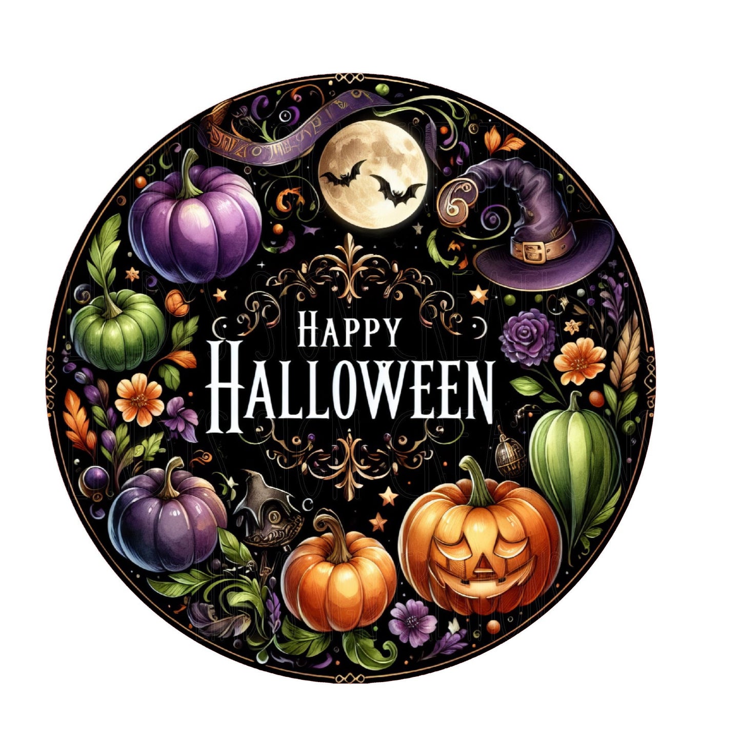 Happy halloween wreath sign, round wreath sign, metal sign, front door sign, Lindys sign creations