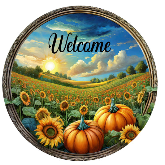 Welcome with sunflowers and pumpkins wreath sign, fall wreath sign, metal wreath sign, door decor, Lindys sign creations