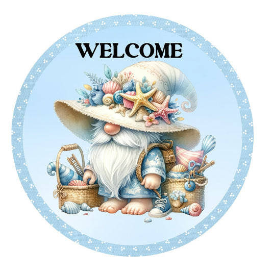 Welcome beach gnome wreath sign, metal wreath sign, round wreath sign, door decor, Lindys sign creations