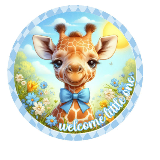 Boy welcome little one giraffe wreath sign, metal wreath sign, round wreath sign, nursery decor, boys room decor, Lindys sign creations