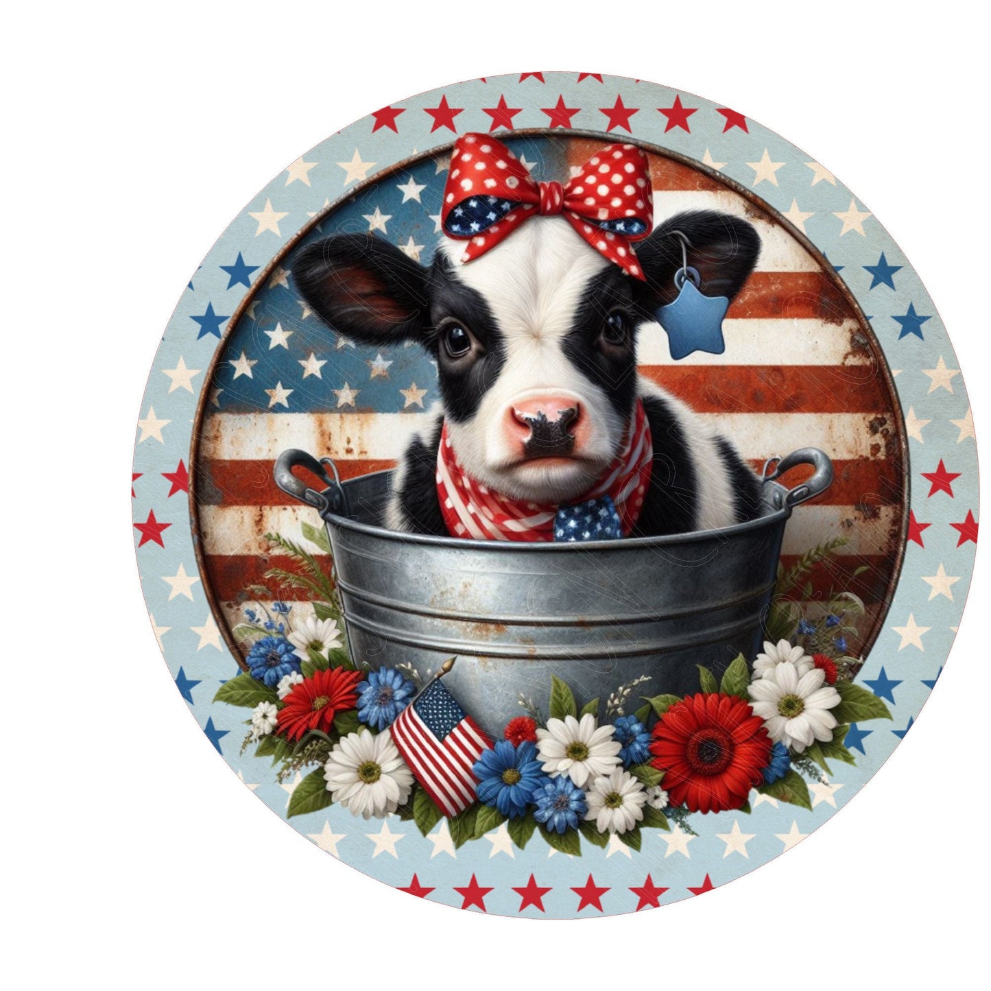 Patriotic cow in bucket wreath sign, metal wreath sign, July 4 decor, front door decor, Lindys sign creations