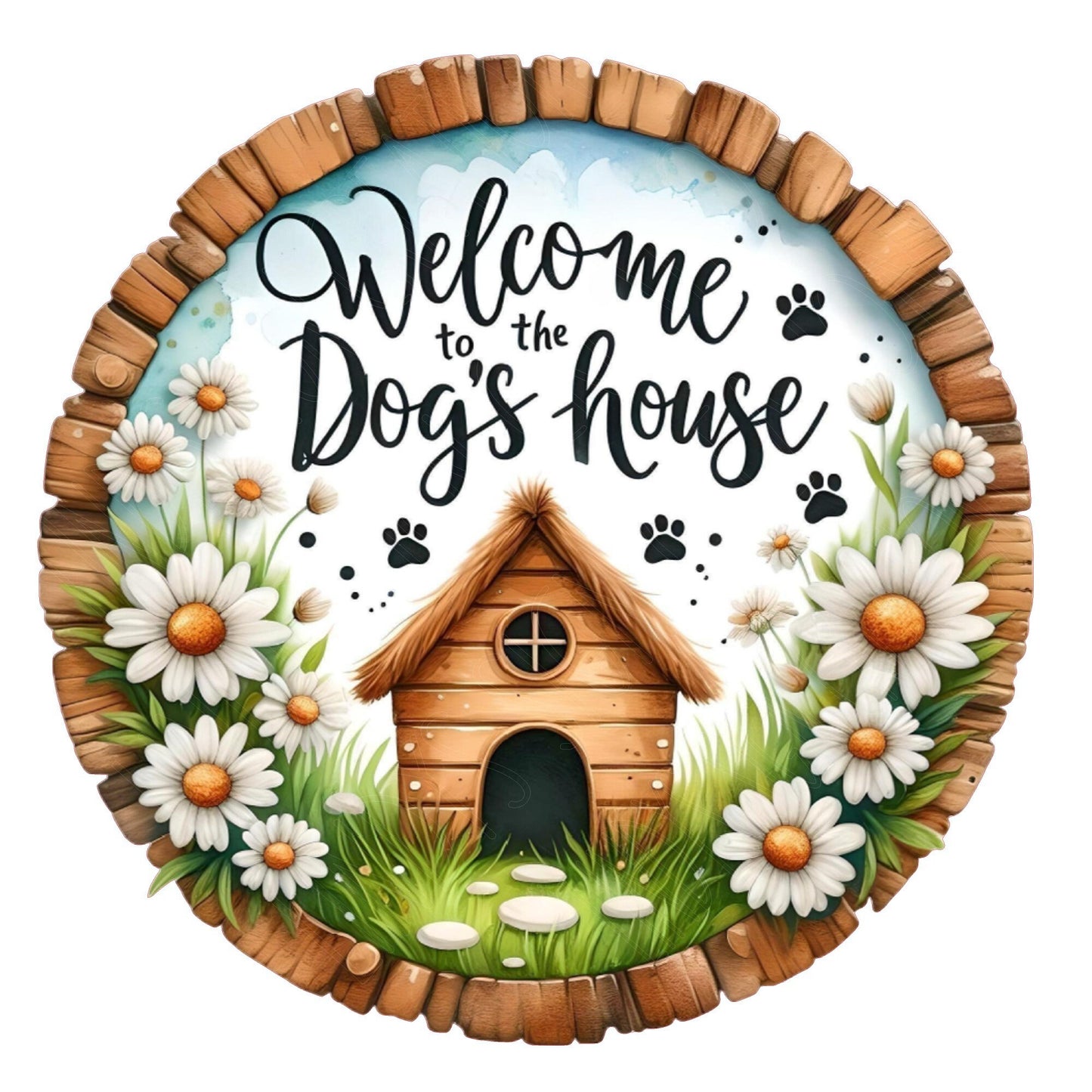 Welcome to the dog's house wreath sign, metal wreath sign, round wreath sign, front door sign, Lindys sign creations