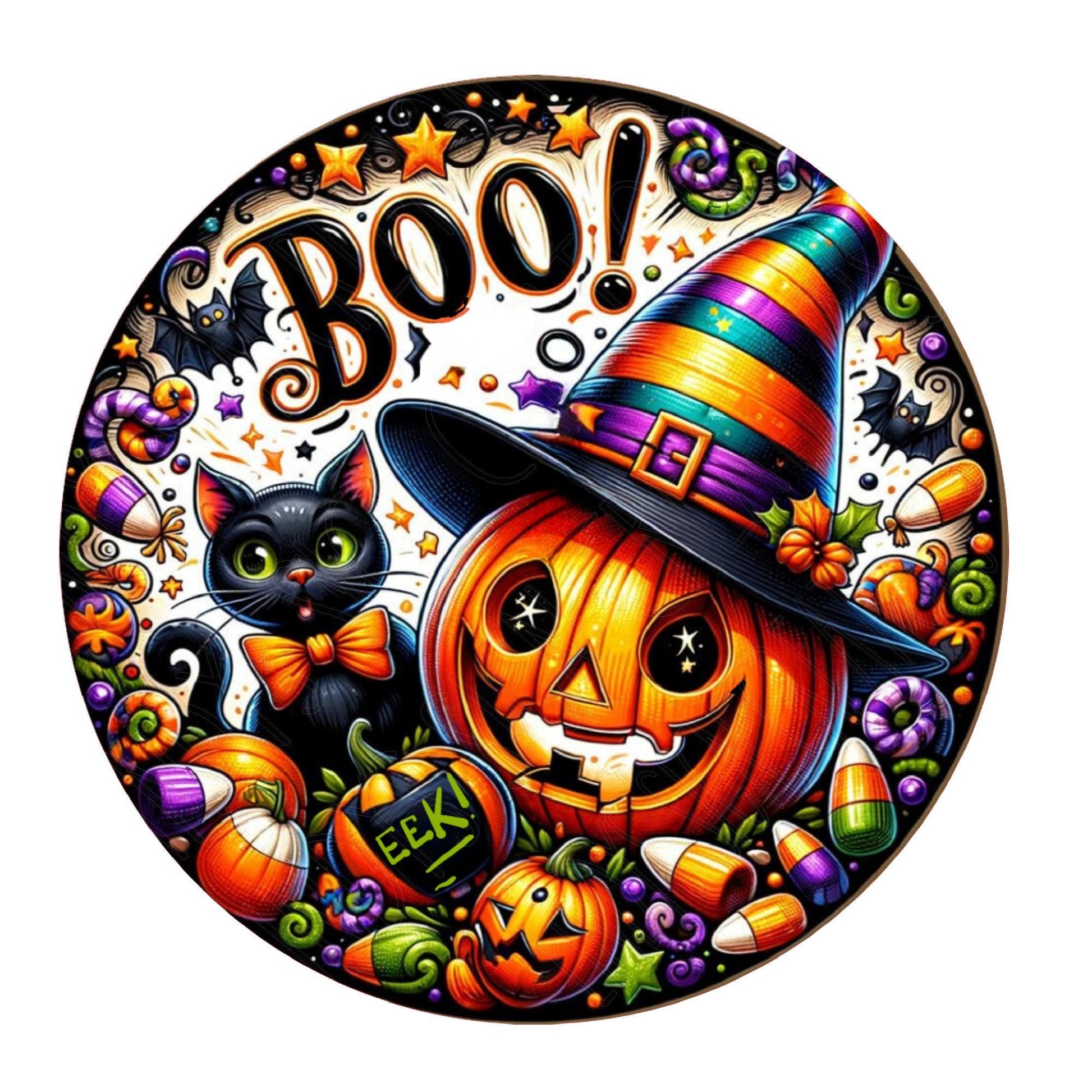 Boo pumpkin and cat Halloween wreath sign, metal wreath sign, door decor, Lindys sign creations