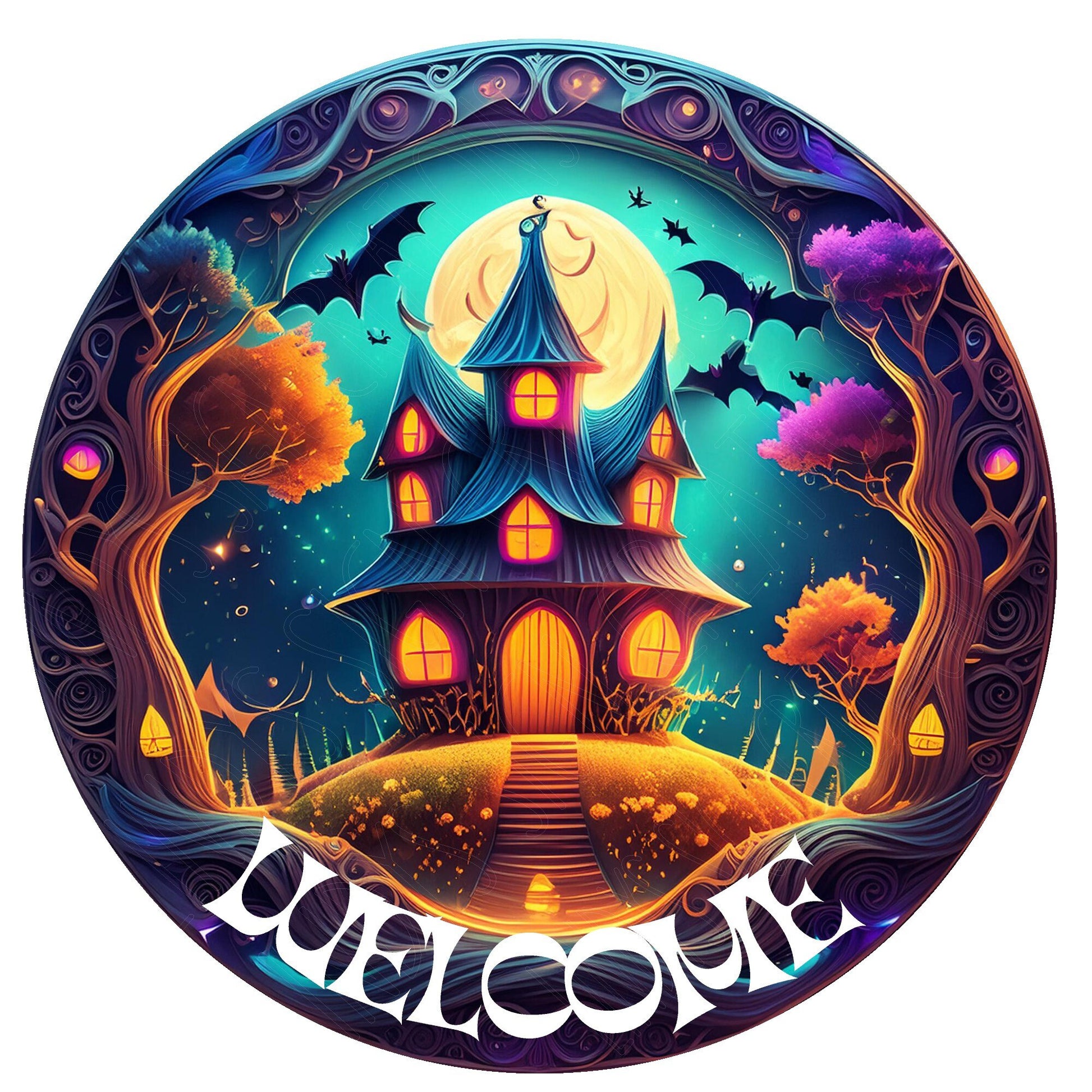 Spooky welcome Halloween wreath sign, metal wreath sign, round wreath sign, Lindys sign creations