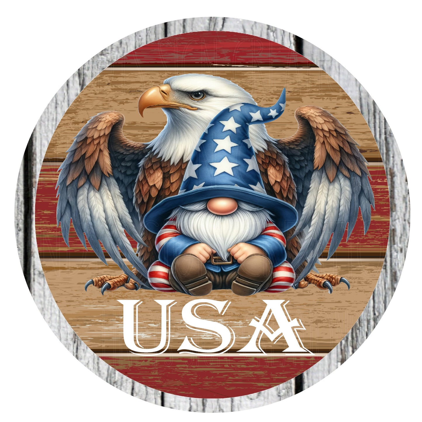 Patriotic eagle and gnome wreath sign, metal wreath sign, round wreath sign, door decor, July 4 decor, Lindys sign creations