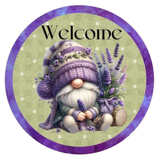 Welcome lavender gnome wreath sign, metal wreath sign, round wreath sign, door decor, Lindys sign creations