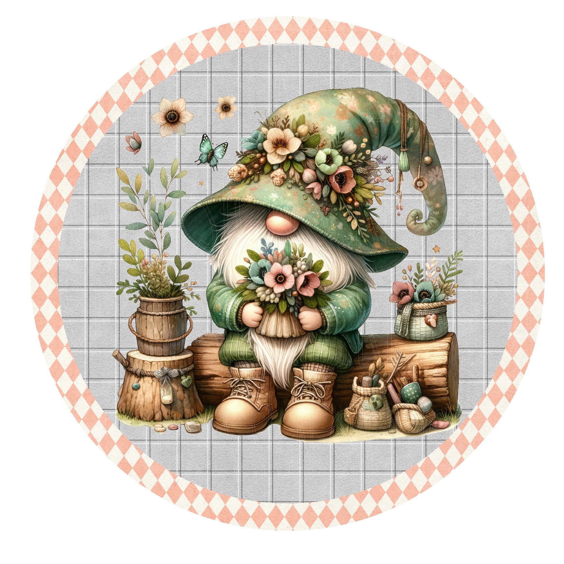 Gnome with flowers wreath sign, metal wreath sign, round wreath sign, door decor, Lindys sign creations