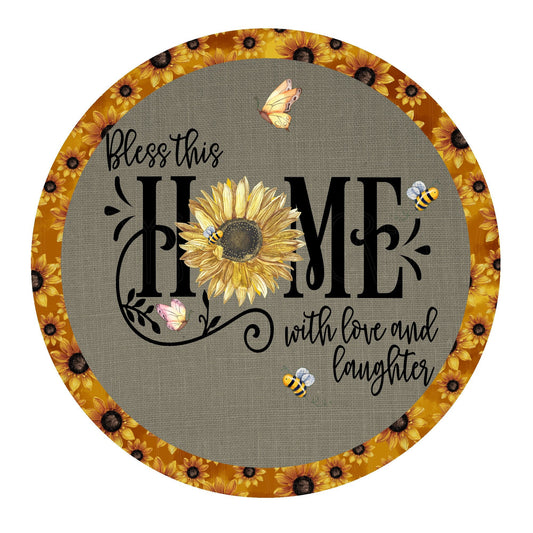 Bless this home with love and laughter wreath sign, metal wreath sign, round wreath sign, Lindys sign creations