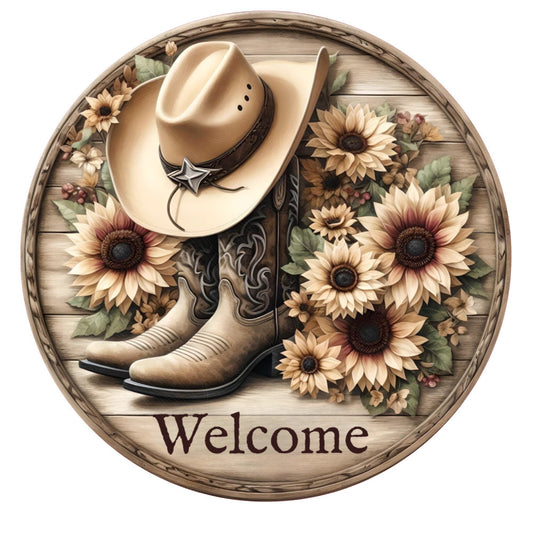 Cowboy boots, hat and sunflowers welcome wreath sign, metal wreath sign, round wreath sign, door decor, Lindys sign creations