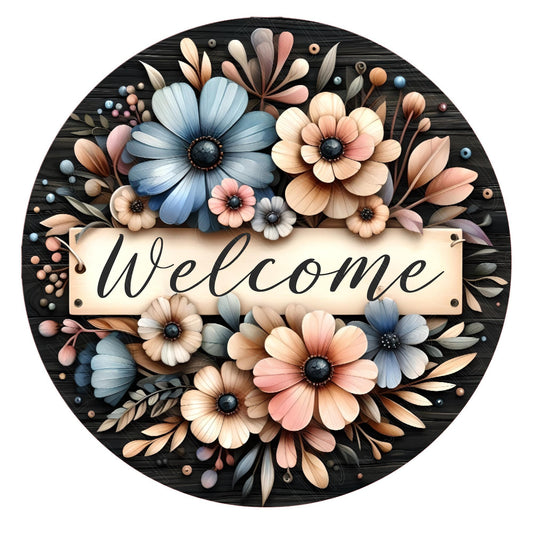 Welcome with blue and peach flowers wreath sign, metal wreath sign, round wreath sign, door decor, Lindys sign creations