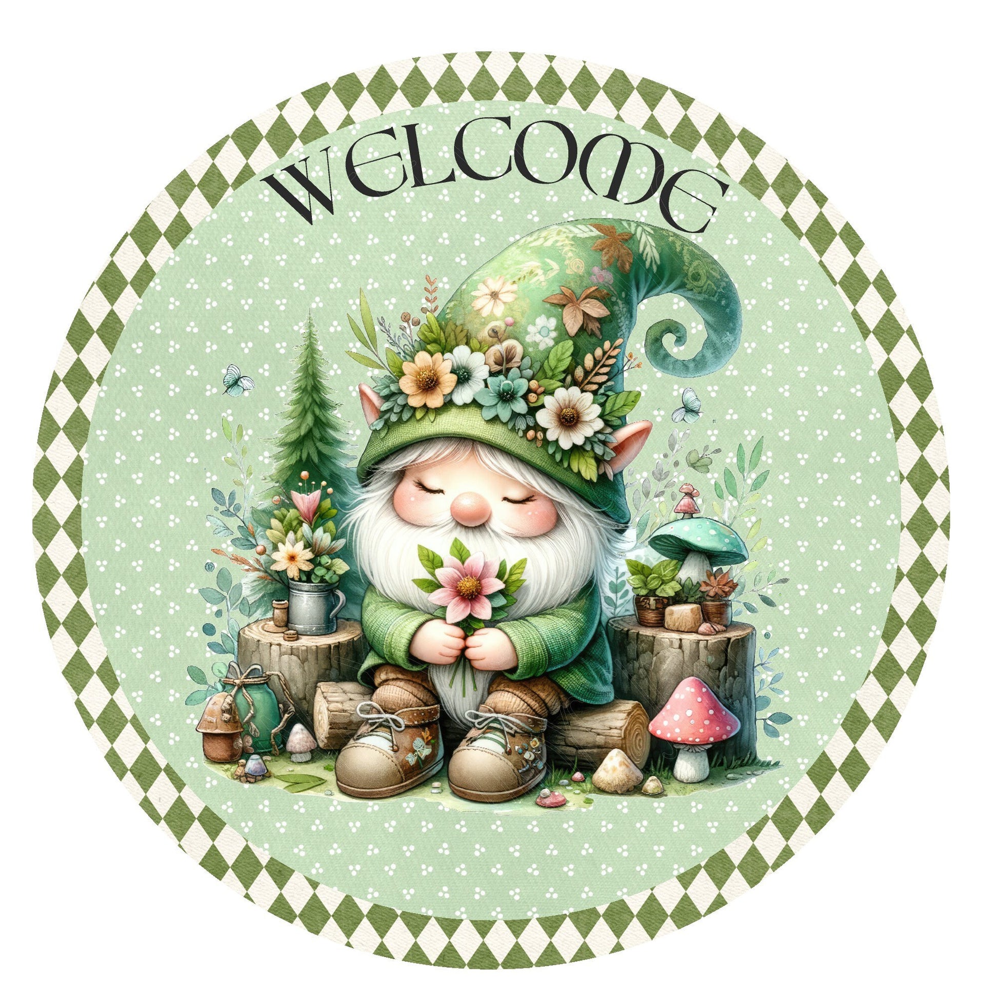 Green gnome welcome wreath sign, metal wreath sign, round wreath sign, door decor, Lindys sign creations