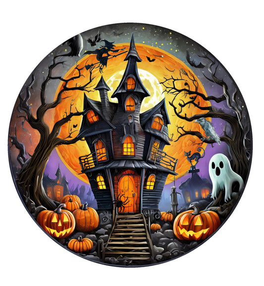 Haunted house spooky Halloween wreath sign, metal wreath sign, round wreath sign, front door sign, Lindys sign creations