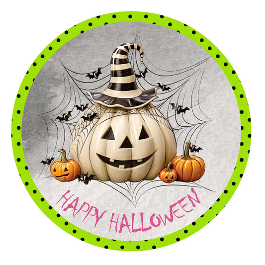 Pumpkin with witch hat and spider webs happy Halloween wreath sign, metal wreath sign, door decor, round wreath sign, Lindys sign creations