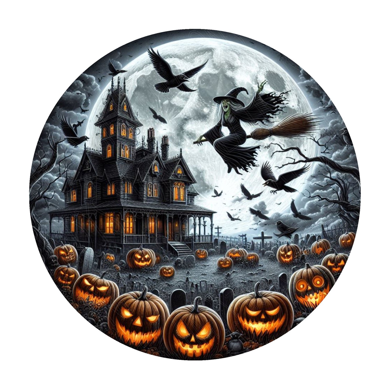 Haunted house with witch Halloween wreath sign, metal wreath sign, round wreath sign, door decor, Lindys sign creations