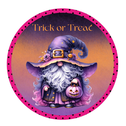 Cute purple gnome with witch hat trick or treat wreath sign, metal wreath sign, door decor, round wreath sign, Lindys sign creations