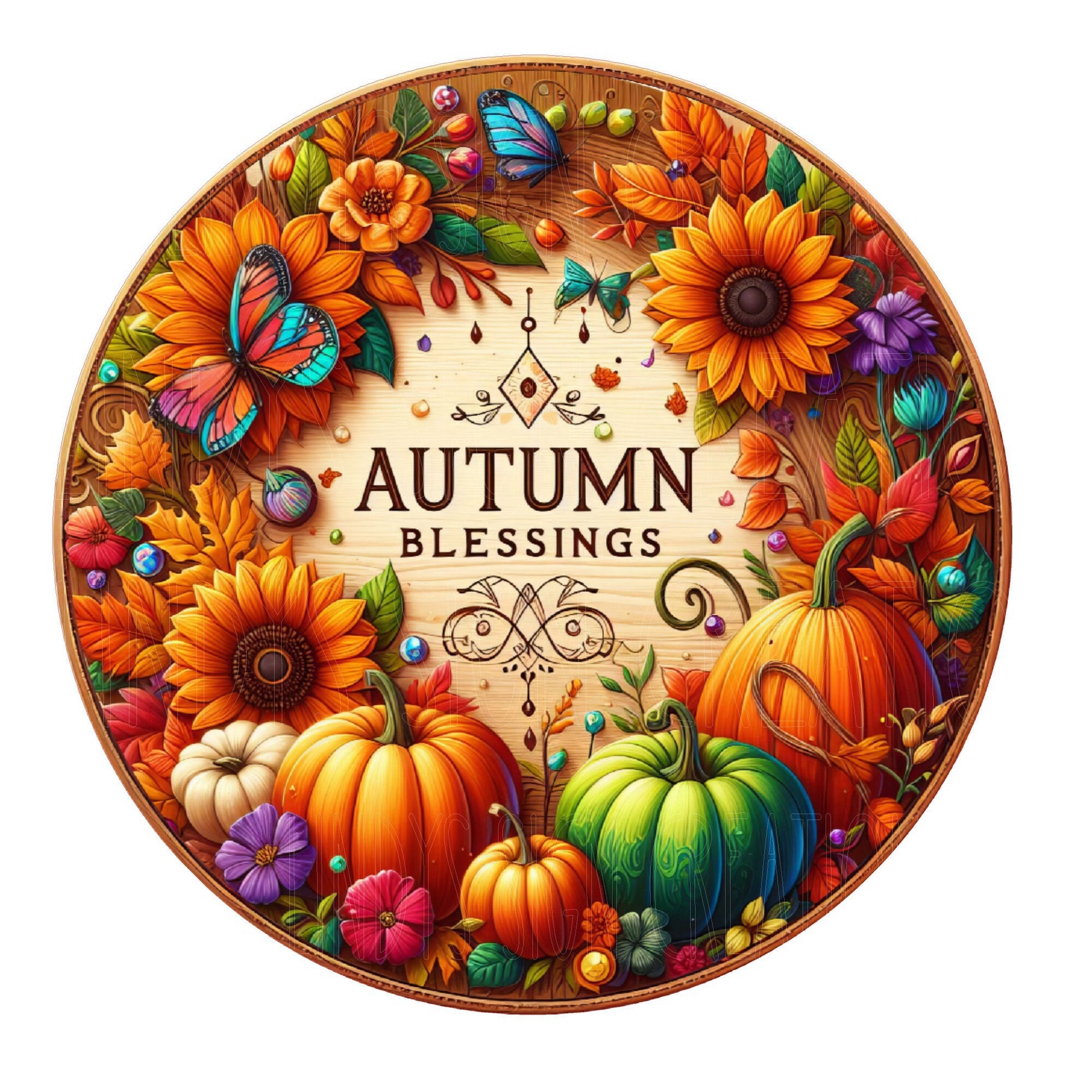 Autumn blessings wreath sign, metal wreath sign, round wreath sign, pumpkins and floral sign, Lindys sign creations