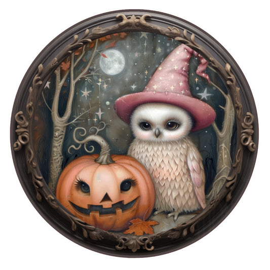 Halloween owl with pink witch hat and pumpkin wreath sign, metal wreath sign, round wreath sign, door decor, Lindys sign creations