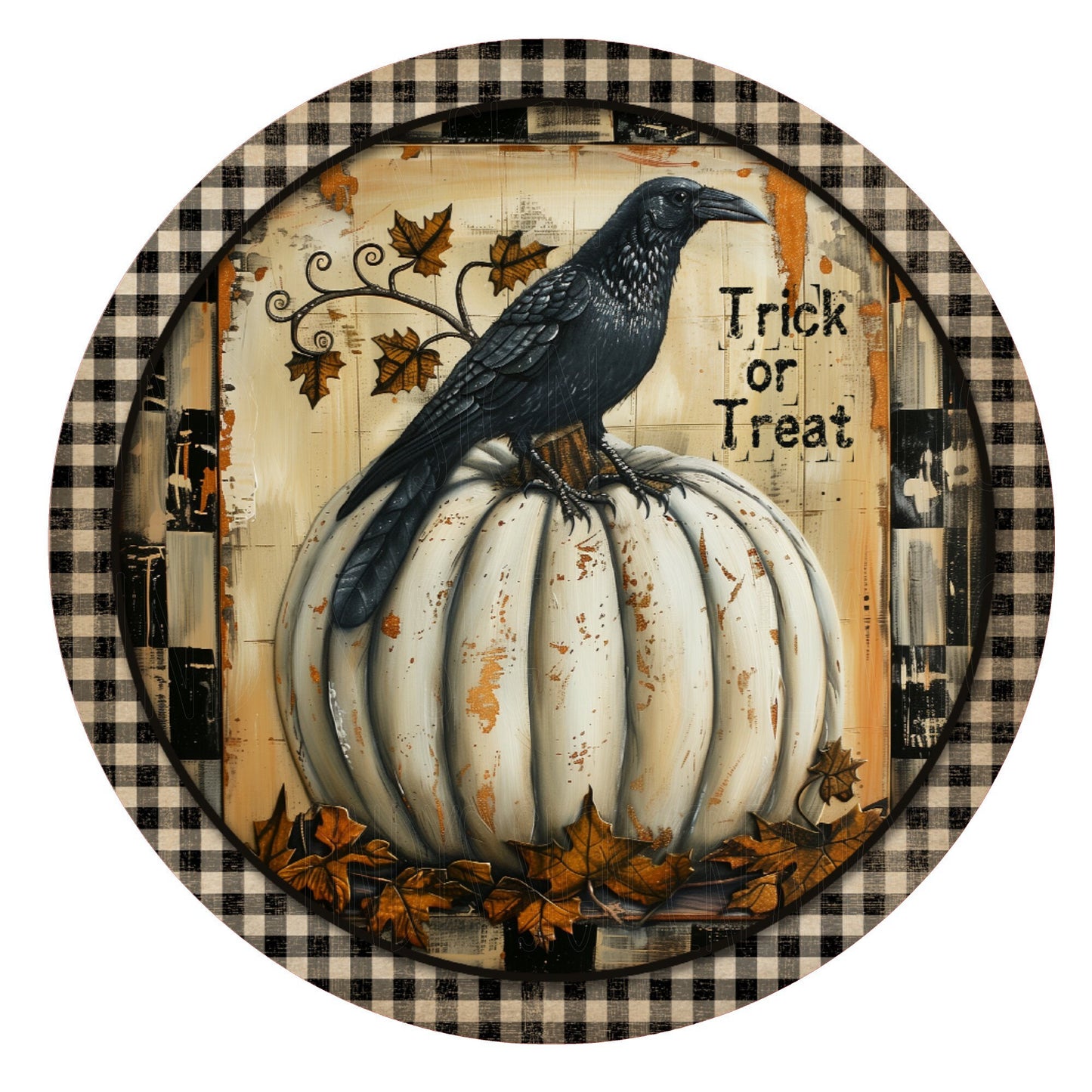 Trick or treat folk art crow Halloween wreath sign, metal wreath sign, round wreath sign, door decor, Lindys sign creations