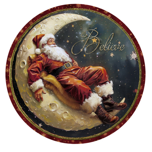 Santa sitting on moon with believe wreath sign, metal wreath sign, front door sign, Lindys sign creations