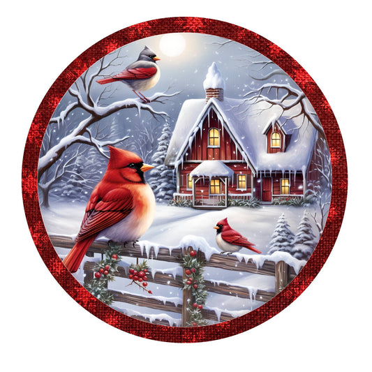 Winter cardinals on fence wreath sign, metal wreath sign, round wreath sign, door decor, Lindys sign creations