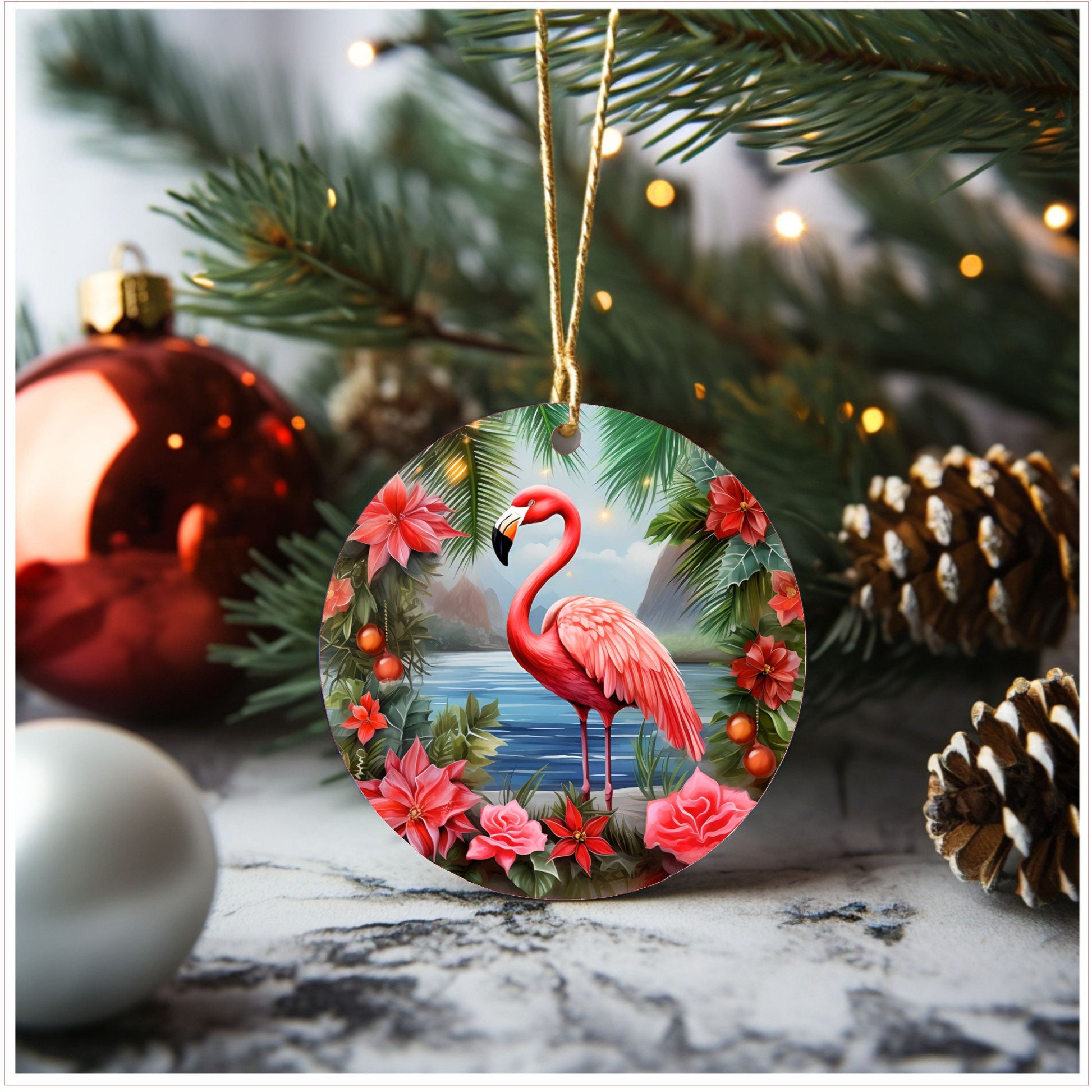 Flamingo Christmas ornament, ceramic Christmas ornament, Christmas tree ornament, stocking stuffer, Lindys sign creations