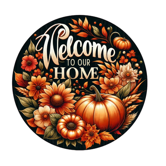 Welcome to our home fall wreath sign, metal wreath sign, round wreath sign, door decor, Lindys sign creations