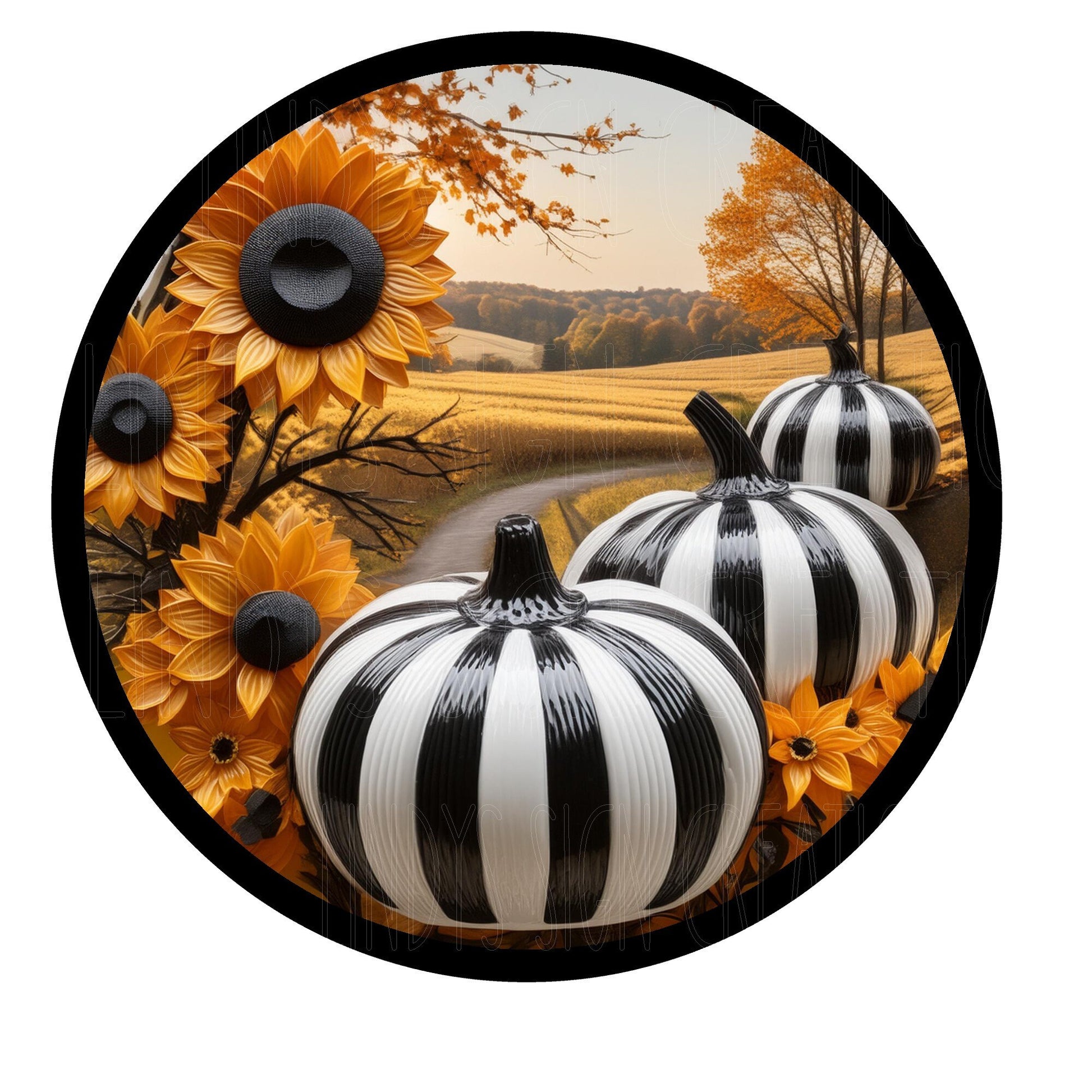 Black and white striped pumpkins wreath sign, fall wreath sign, metal wreath sign, round wreath sign, Lindys sign creations