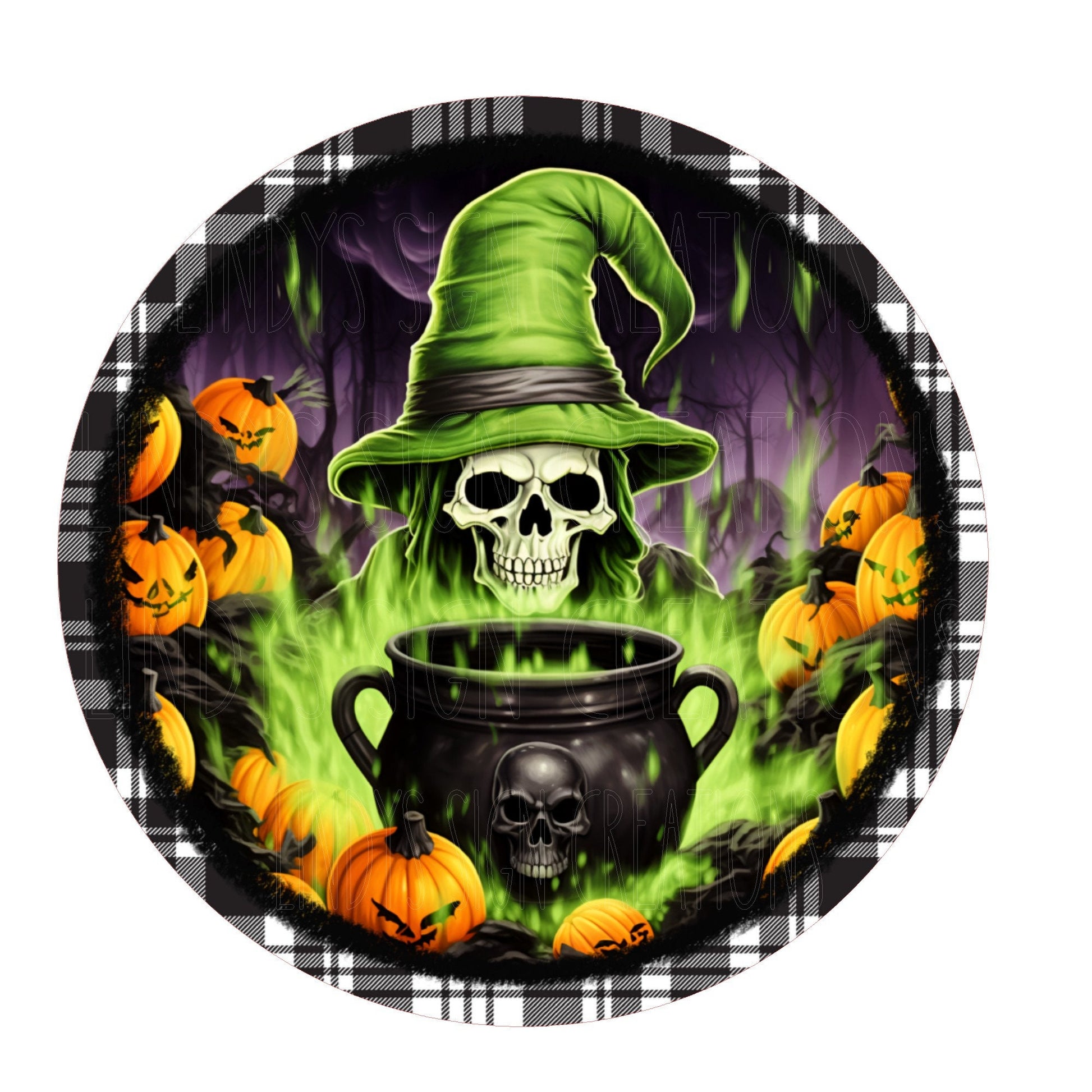 Spooky skeleton with witch hat wreath sign, Halloween sign, door decor, metal wreath sign, round sign, Lindys sign creations