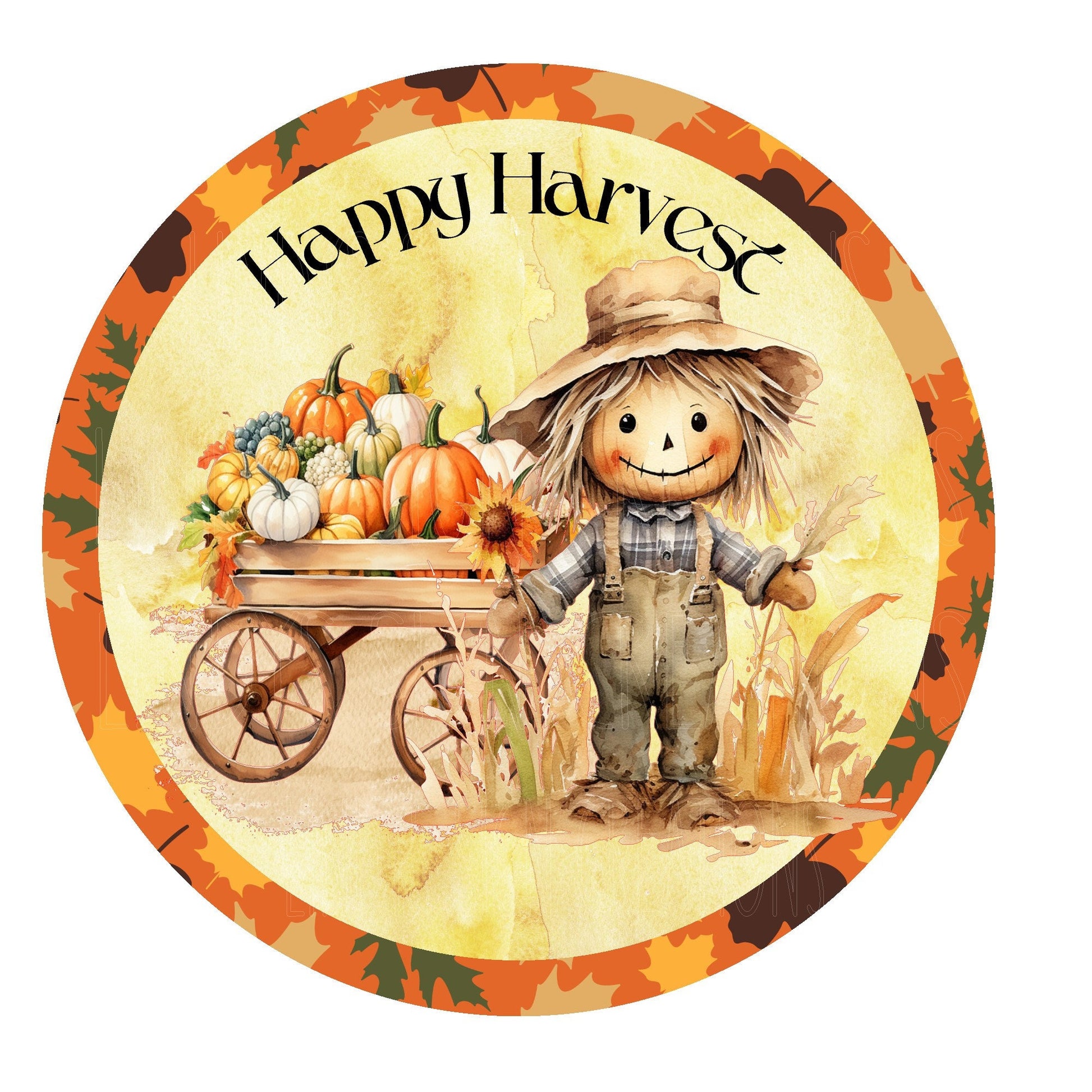 Happy harvest scarecrow and pumpkin wreath sign, metal wreath sign, round wreath sign, door decor, Lindys sign creations