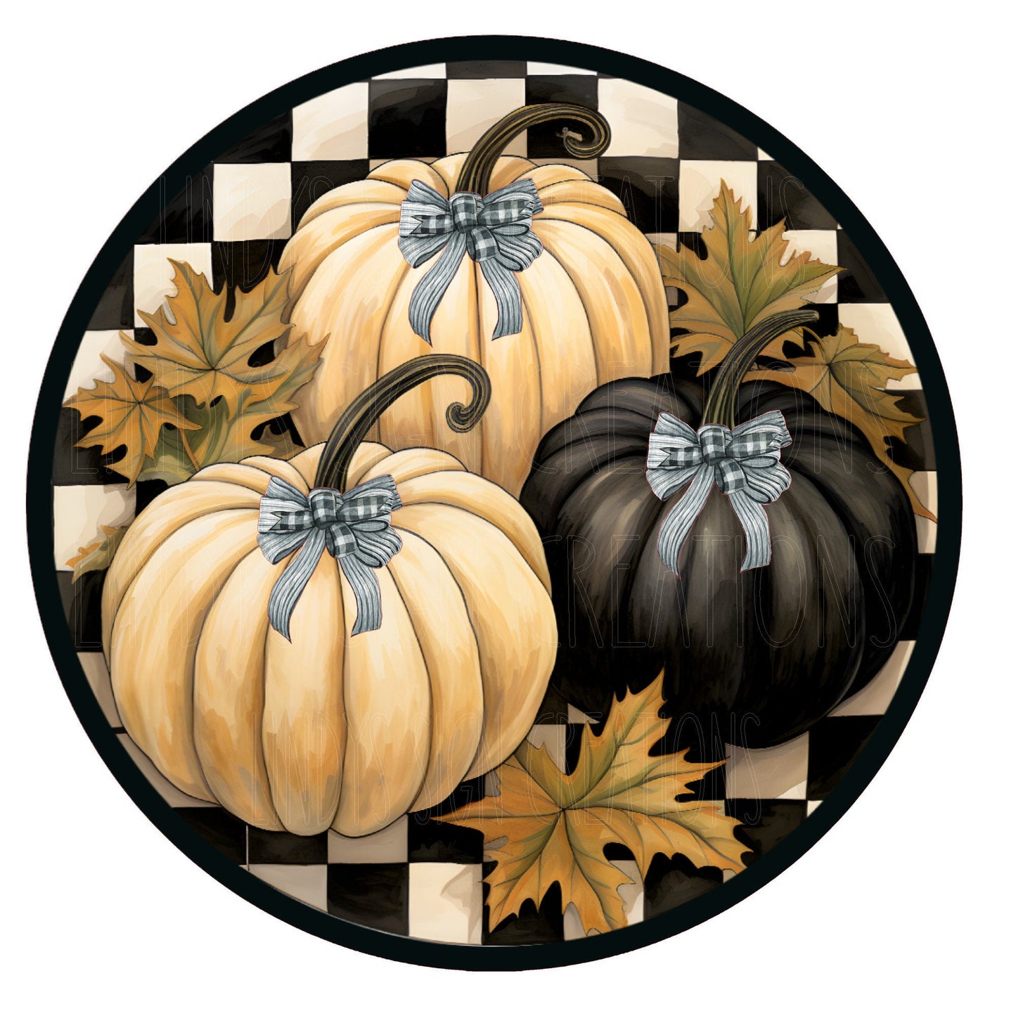 Black and ivory pumpkins with bows wreath sign, metal wreath sign, round wreath sign, door decor, Lindys sign creations