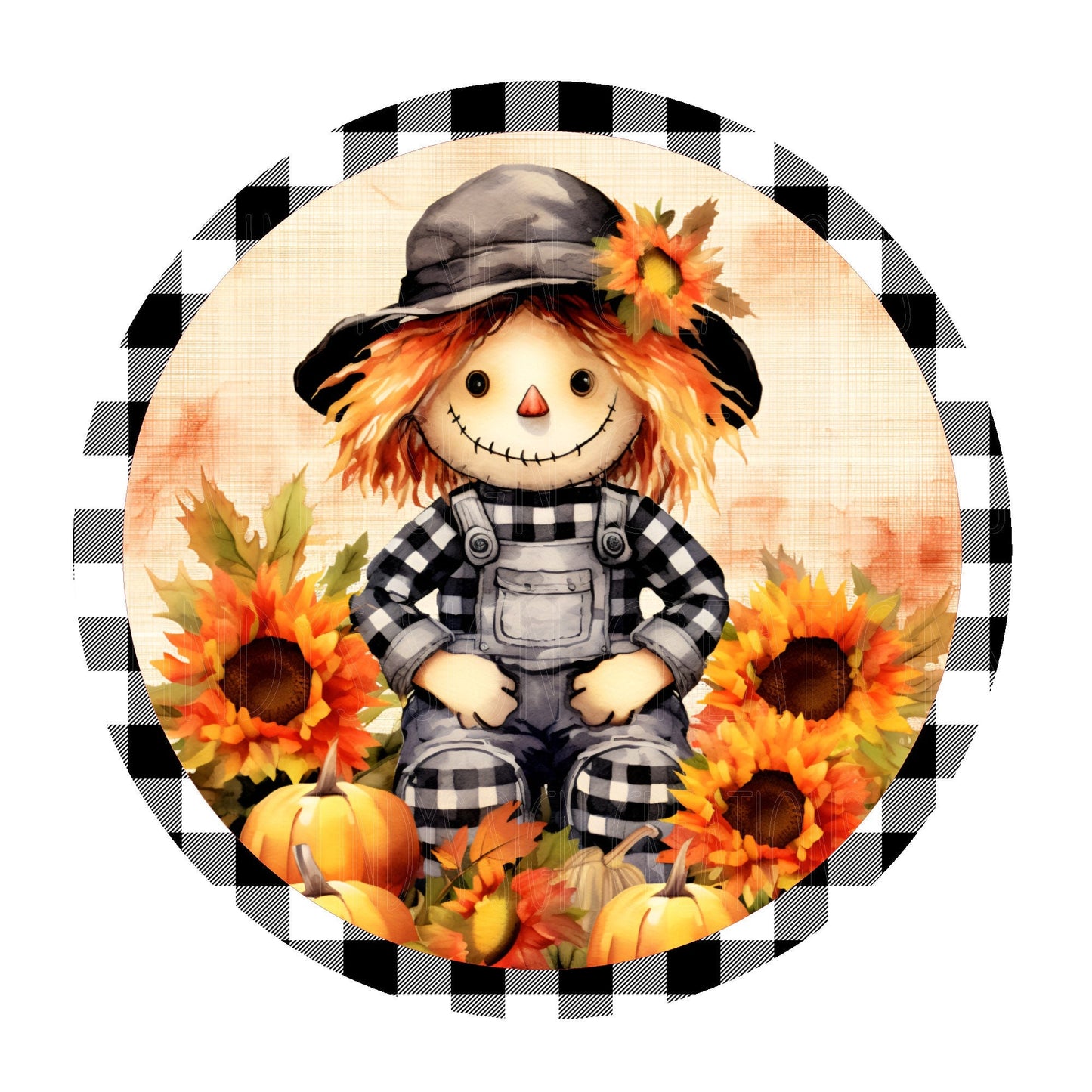 Scarecrow, sunflowers, buffalo plaid wreath sign, metal wreath sign, round wreath sign, front door sign, Lindys sign creations