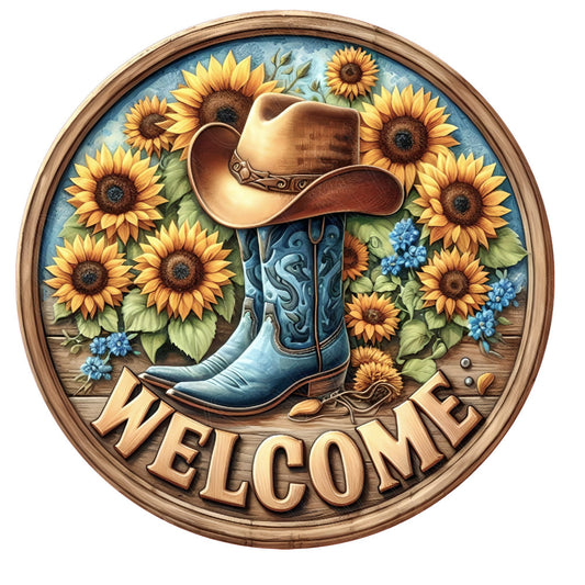 Blue cowboy boots with sunflowers welcome wreath sign, metal wreath sign, round wreath sign, Lindys sign creations