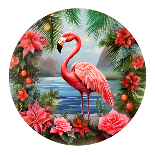 Flamingo wreath sign, metal wreath sign, round wreath sign, door decor, summer sign, Lindys sign creations