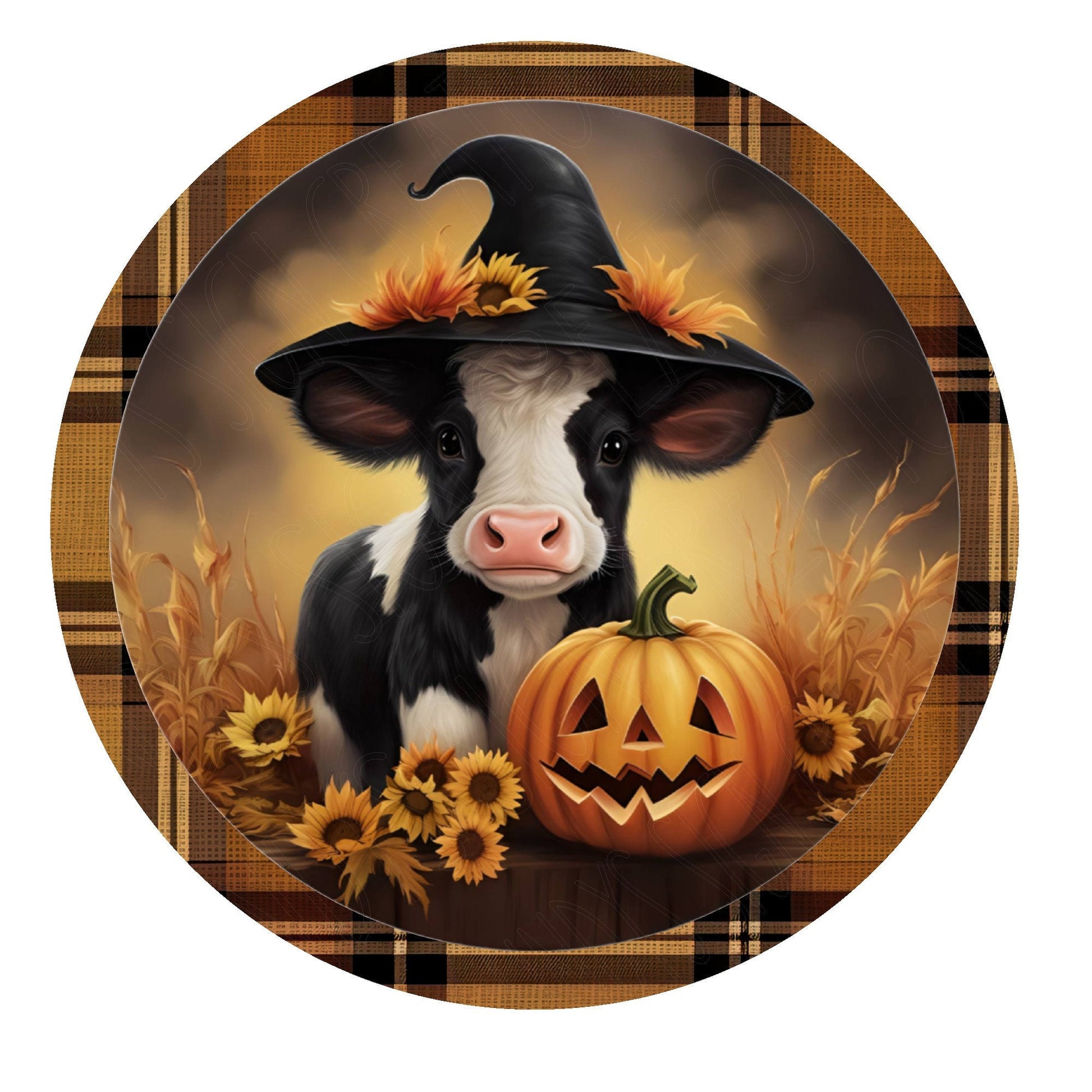 Cute cow with witch hat and pumpkin wreath sign, metal wreath sign, round wreath sign, door decor, Lindys sign creations