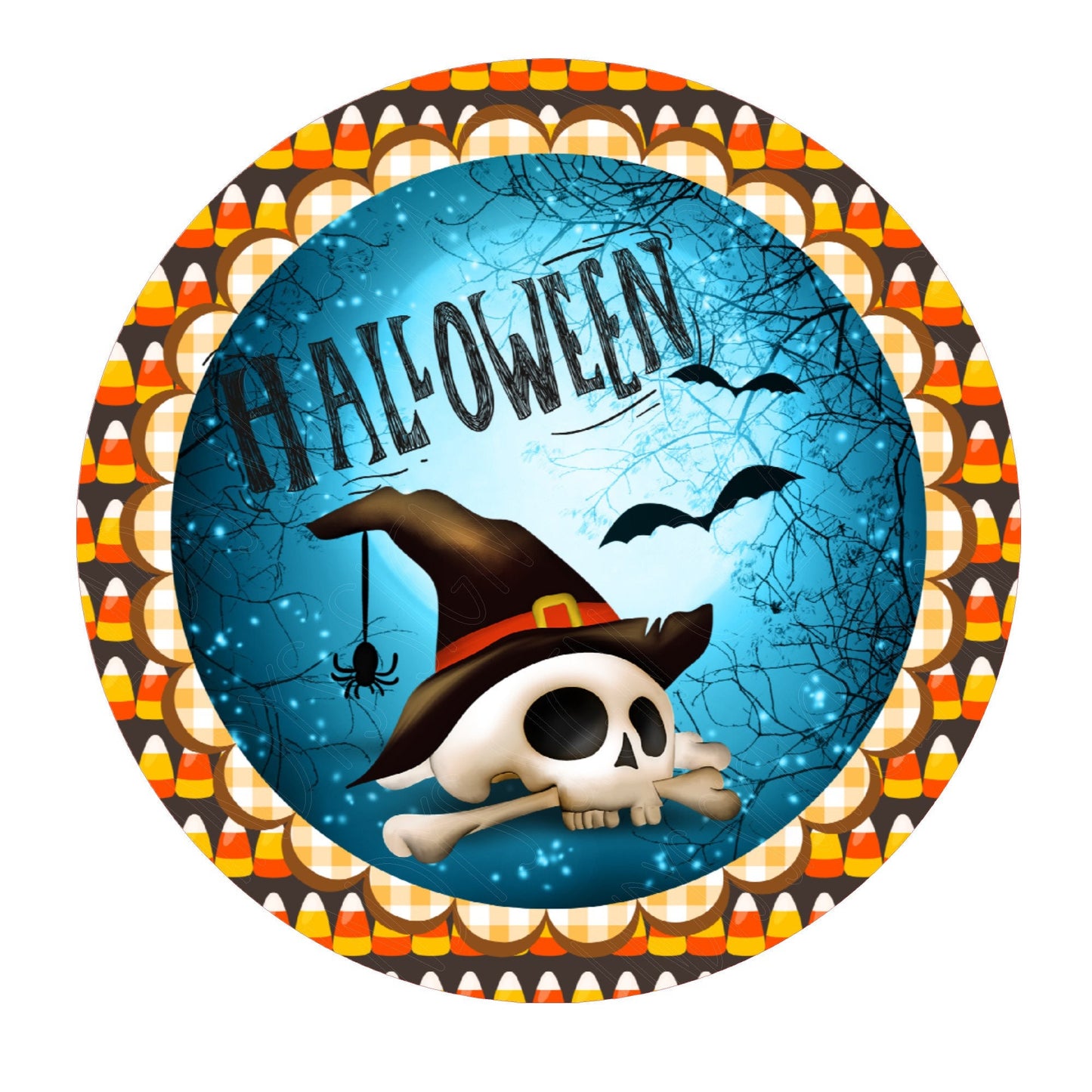 Halloween skull and bone with witch hat on wreath sign, metal wreath sign, door decor, Lindys sign creations