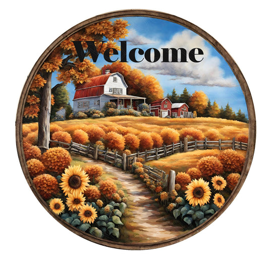 Fall farmhouse welcome wreath sign, metal wreath sign, sunflowers, round wreath sign, front door decor, Lindys sign creations