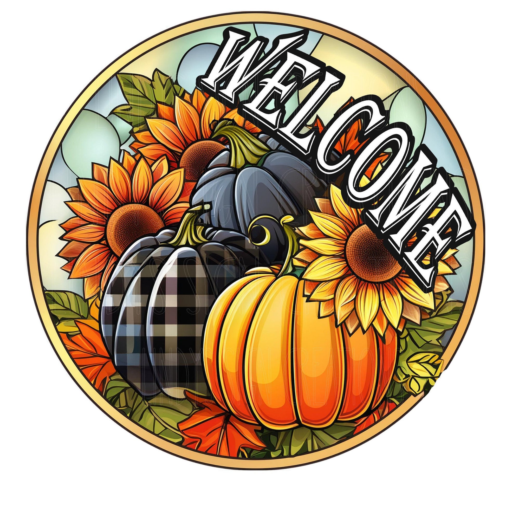 Pumpkins welcome wreath sign, fall wreath sign, door decor, round wreath sign, metal wreath sign, Lindys sign creations